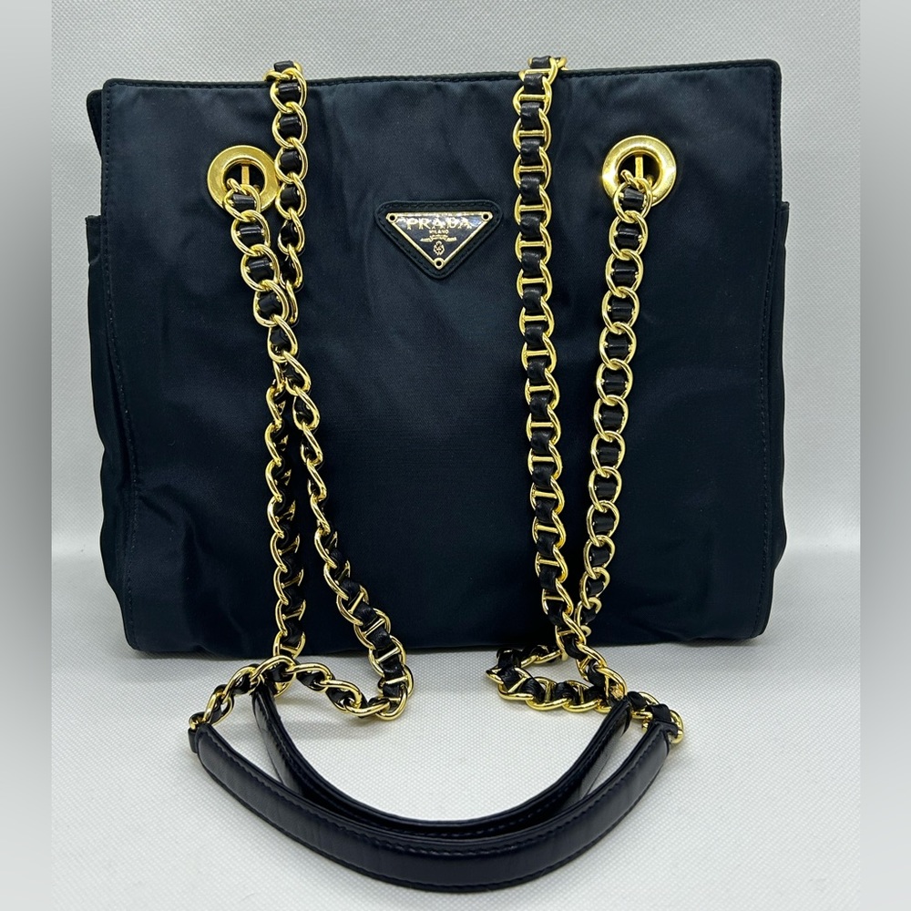 Prada Vintage Dark Navy Nylon Tessuto Gold Chain Tote Shoulder Bag